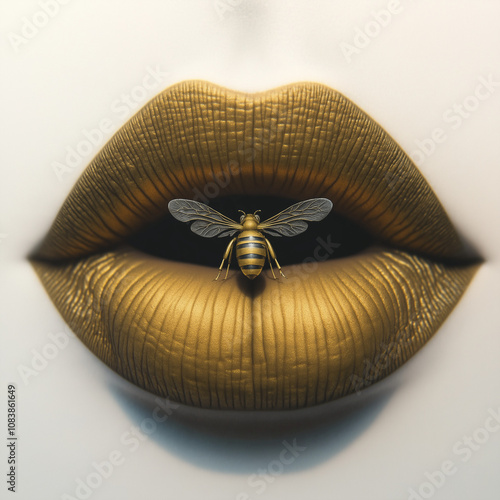 Artistic close-up of golden lips with a bee resting in the center on a light background photo