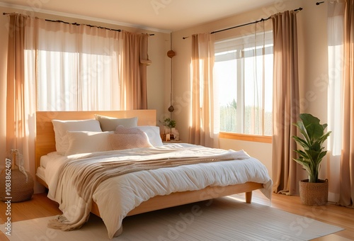 wide view bedroom, bed facing infront, light brown wall with wooden concept