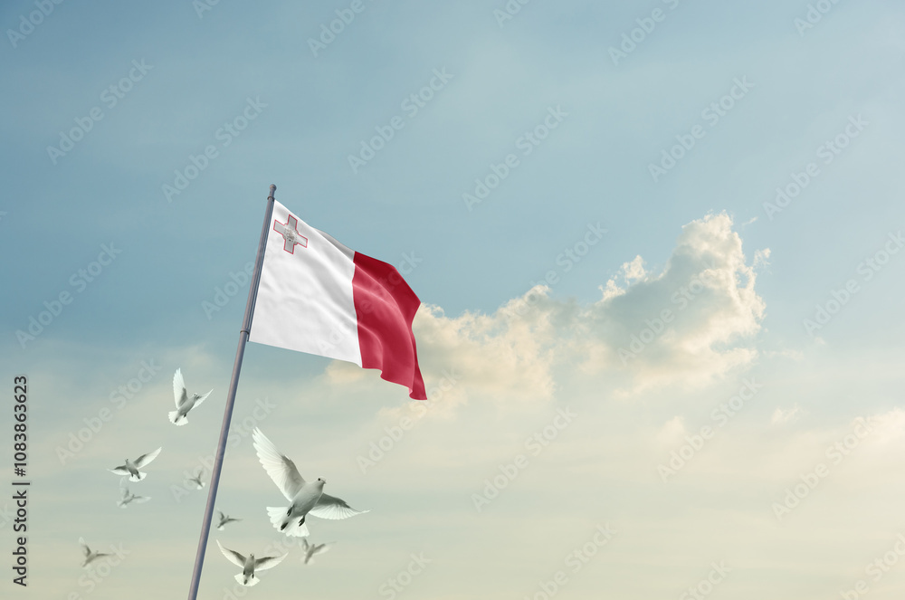 Fototapeta premium Malta flag waving with flying doves in beautiful sky. Malta flag for Republic Day and Independence Day.
