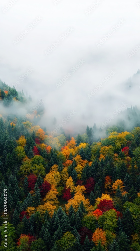 Fototapeta premium A forest with trees in various colors of leaves, including red, yellow