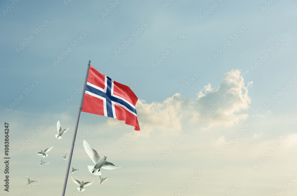 Fototapeta premium Norway flag waving with flying doves in beautiful sky. Norway flag for Republic Day and Independence Day.