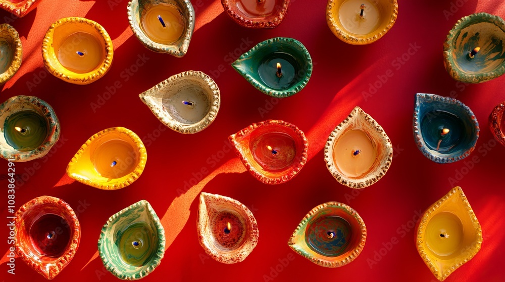 Fototapeta premium Clay Diya lamps are lit during Diwali, the Hindu festival of lights. These colorful traditional oil lamps are placed on a red background to create a festive atmosphere.