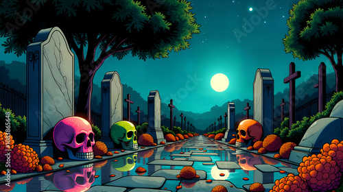 A Hauntingly Beautiful Graveyard Scene with Colorful Sugar Skulls and Mesmerizing Reflections Under the Stars photo