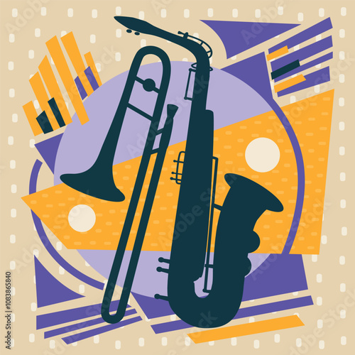 The music poster with a saxophone, trombone, piano keys and geometric shapes. Simple flat style. Red, blue, violet, beigeю For music festivals, invitations, flyers