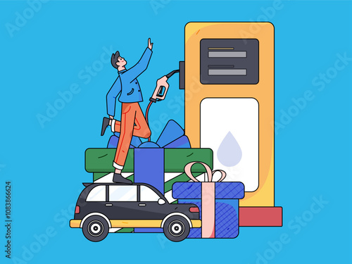 Vector Internet operation hand-drawn illustration of people getting discounts for refueling their cars
