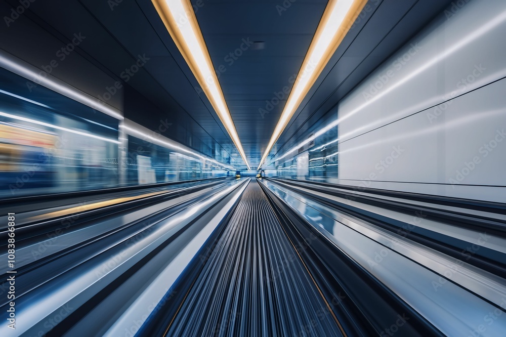 Obraz premium Dynamic Perspective of a Modern Airport Walkway with Blurred Motion and Futuristic Elements Capturing a Sense of Speed and Movement in Transportation Design