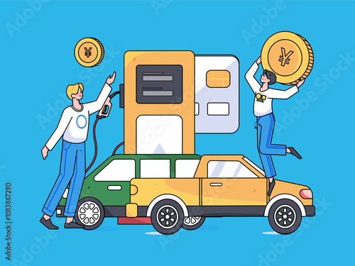 Vector Internet operation hand-drawn illustration of people getting discounts for refueling their cars
