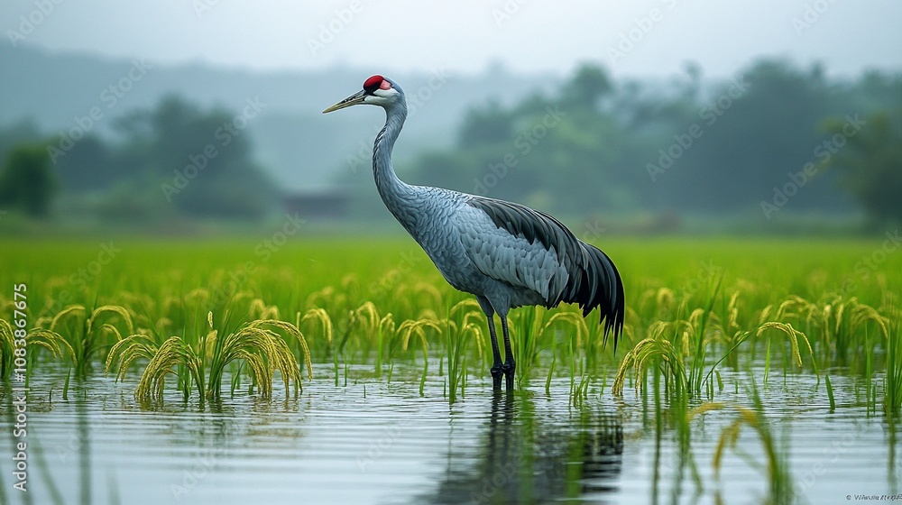 Fototapeta premium Crane in Flooded Rice Field Under Cloudy Sky