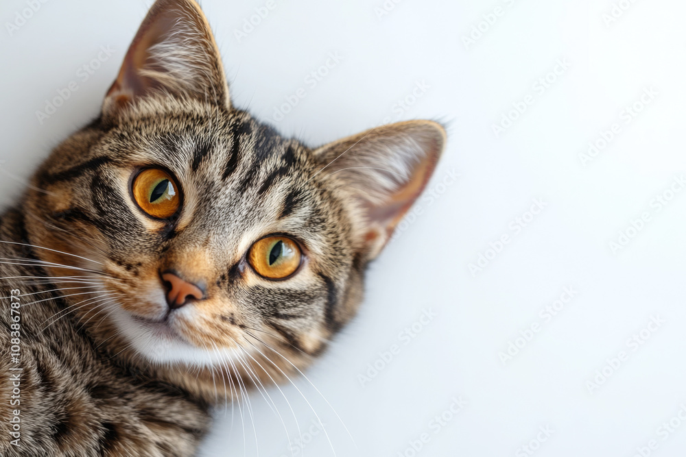 Fototapeta premium A playful cute striped kitten lies on a white background