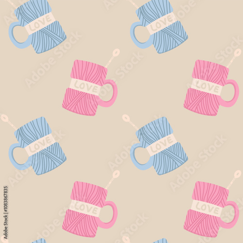 Seamless pattern of two cups in the form of skeins of thread, with the inscription love, Knitting needles, tea, Valentine's Day, for packaging design, fabric, Vector