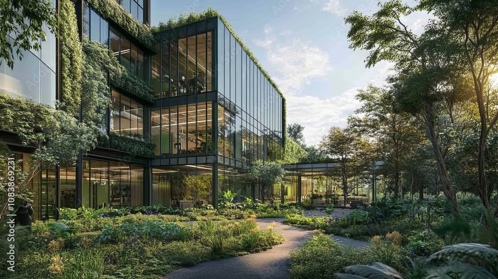 Fototapeta premium Eco-friendly building designs prioritize sustainability, featuring green glass offices and lush greenery to minimize carbon emissions