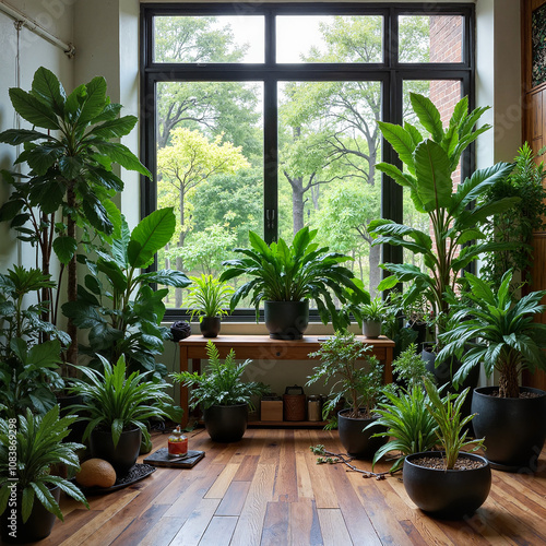 Close-up of collection of vibrant green houseplants in decorative pots on wooden shelf by sunlit window photo