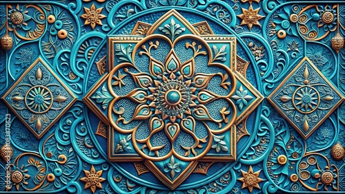 Vintage Embossed Blue Decorative Cover Design - Asian Geometric Ornaments photo