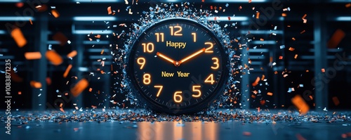 Countdown to 2025 giant clock glowing in midnight celebration urban nightscape digital art new year's eve anticipation photo