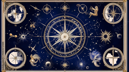 Celestial Map with Constellations and Zodiac Symbols