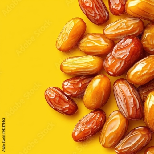 Close-up of Sweet and Glossy Golden Zahidi Dates on a Vibrant Yellow Background Perfect for Healthy Eating and Culinary Uses photo