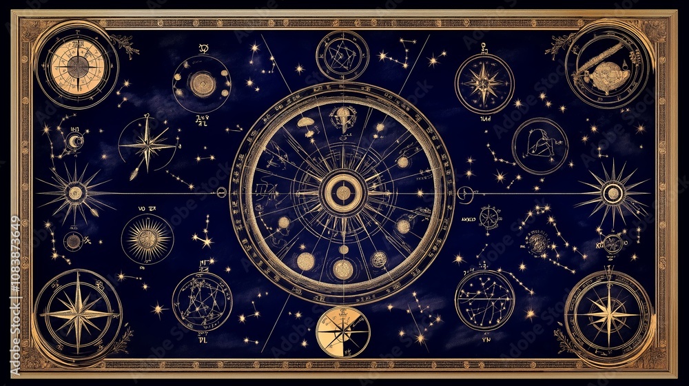 Obraz premium Celestial Map with Constellations and Zodiac Symbols