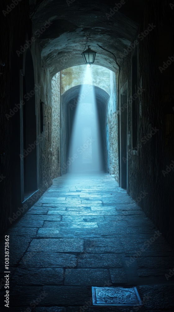 Fototapeta premium A dimly lit alley with a beam of light illuminating the foggy pathway.