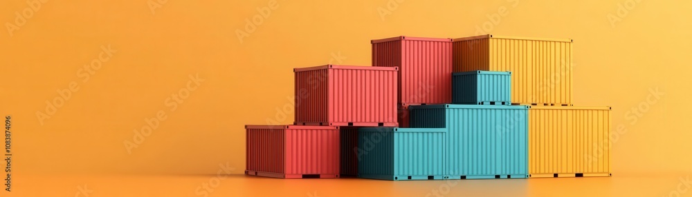 Fototapeta premium A vibrant arrangement of colorful shipping containers stacked against an orange backdrop, highlighting logistics and storage concepts.