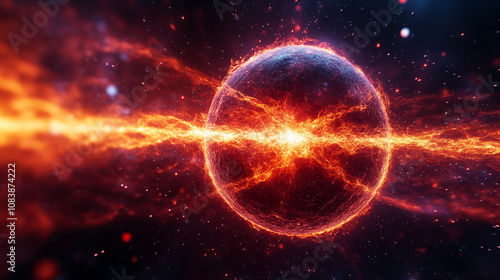 Fiery cosmic sphere with energy waves in deep space, surrounded by red and orange plasma effects. Concept of universe, power, and astronomical phenomena