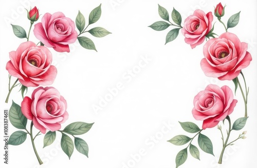 watercolor flower border. Spring pink rose flower frame with leaves, pink roses. Cards, invitations, decorative border wreath. Wedding, mother's day, valentine's day