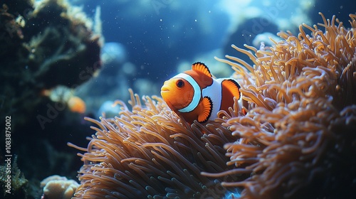 Clownfish Hiding in Sea Anemone on Coral Reef