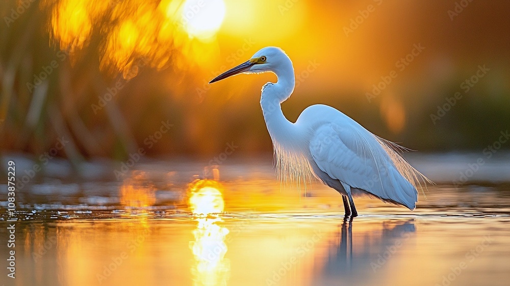 Naklejka premium Great Egret in Shallow Water at Sunrise with Reflection