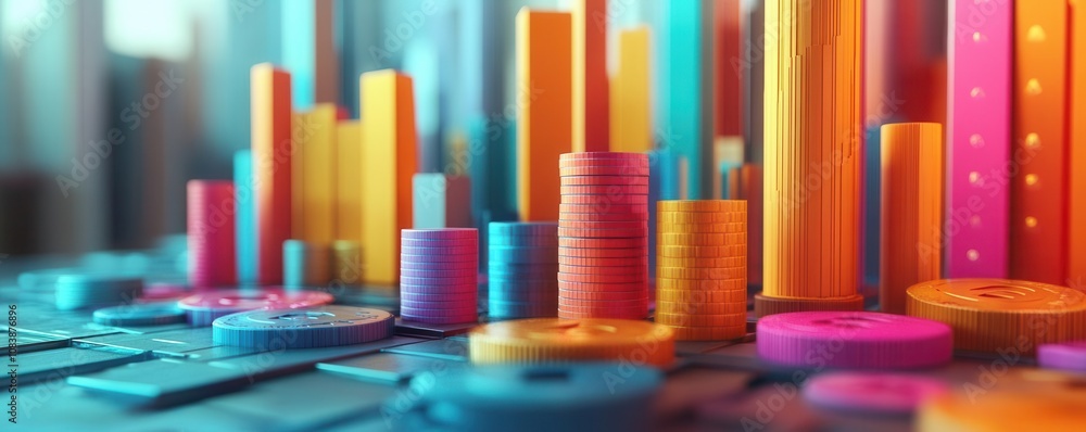 Obraz premium A vibrant, colorful 3D representation of financial data, showcasing various graphs and charts with cylindrical and circular elements.
