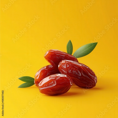 Fresh and Plump Halawi Dates on Vibrant Yellow Background Showcasing Their Rich Brown Color and Shiny Appearance with Natural Green Leaves Accenting the Composition photo