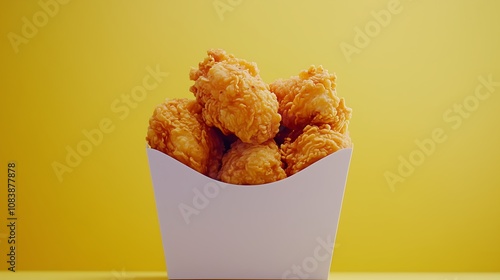 Close-up photo of crispy fried chicken in a white box with a simple background. The golden crispy chicken meat is the main focus, revealing the crispiness of the batter and the tender meat inside.