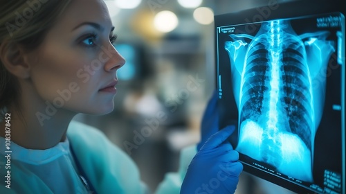 A medical professional wearing blue surgical gloves is examining an X-ray film on a light box. There are medical equipment and a clean, sterile environment.