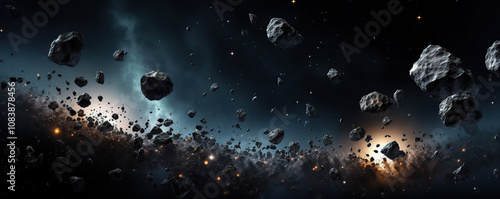Asteroid belt with rocky debris illuminated by distant stars and cosmic phenomena