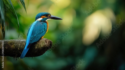 A blue and orange bird is perched on a branch