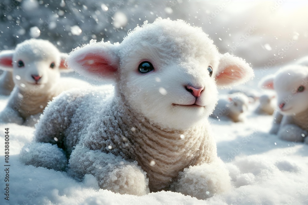 Obraz premium Lamb Grazing in Snowfield: A Realistic Winter Scene Closeup