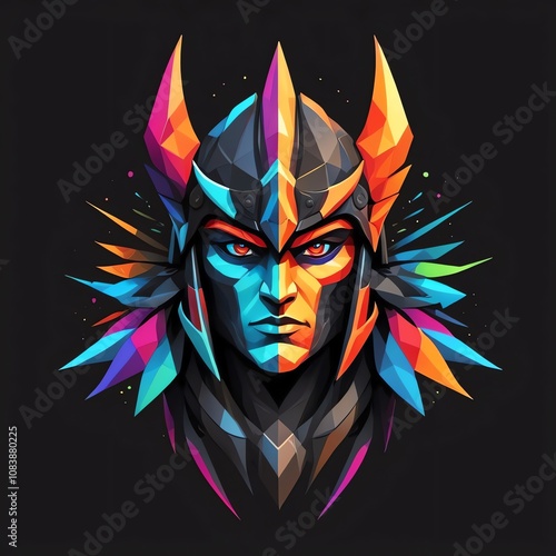 Geometric Warrior: A vibrant digital art portrait of a warrior, depicted in a striking low-poly style with bright, multicolored accents. photo