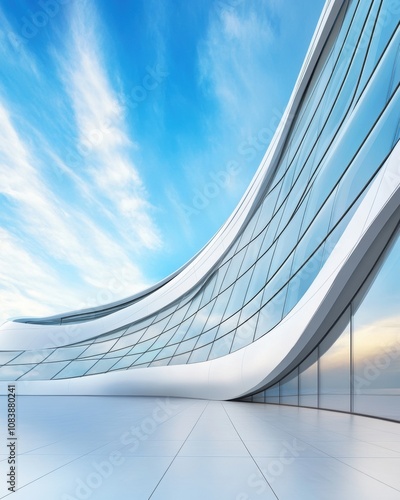 Modern Architectural Marvel With Sweeping Curves and Expansive Glass Facade Under a Clear Blue Sky