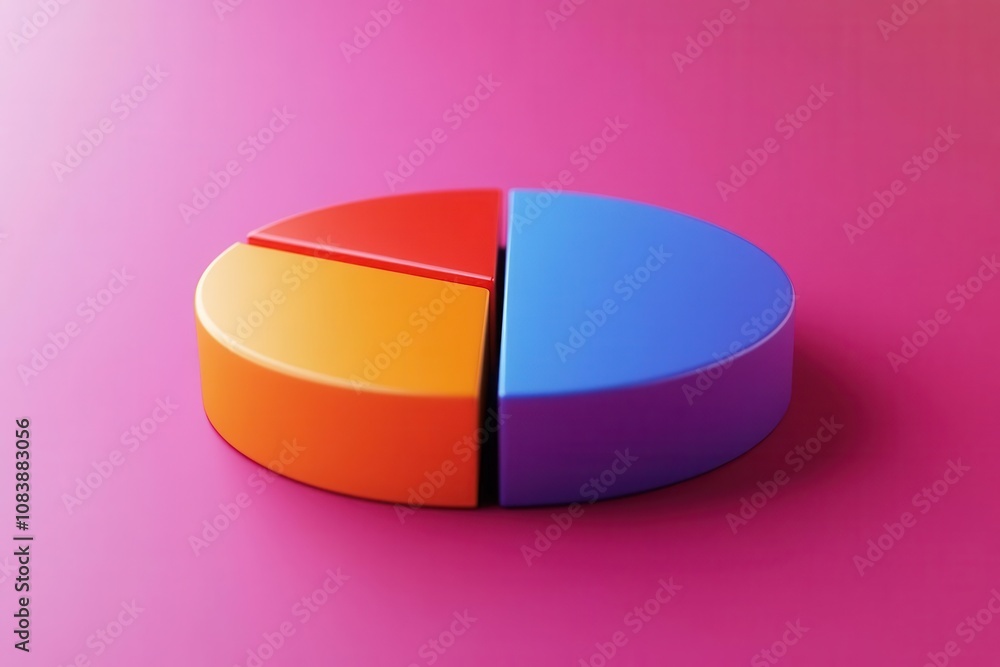 Obraz premium A vibrant, colorful pie chart on a pink background, showcasing three distinct segments in orange, red, and blue.