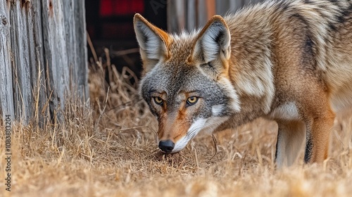 Coyote Searching for Food Near Abandoned Barn in a Field photo