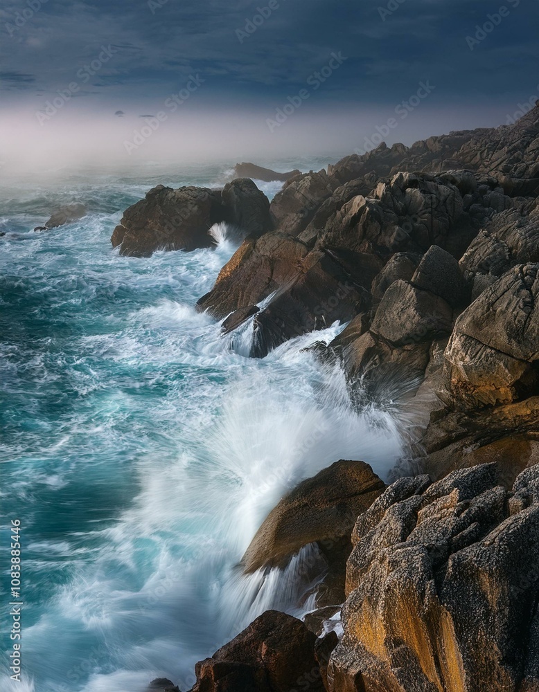 Fototapeta premium El mar rompiendo en la costa, en un acantantilado, vista aerea