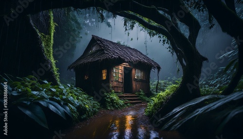 Una vieja cabaña de madera, con luz interior por la noche, empapada por la lluvia. Las ventanas de la casa están rotas . photo