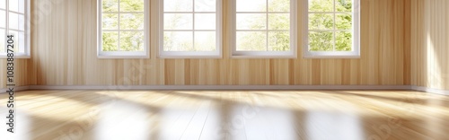 Bright Empty Room With Wooden Panel Walls and Large Windows Allowing Natural Light