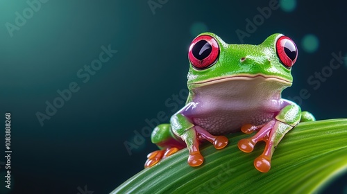 A vibrant red-eyed tree frog perches gracefully on a lush green stem against a stunning dark blue backdrop, showcasing nature's artistry and color photo