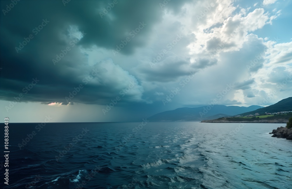 Obraz premium Stormy sea landscape in Sicily. Dramatic sky with dark clouds and powerful waves. Coastal scenery with mountains in background. Dramatic weather. Power of nature. Beautiful sea scene.
