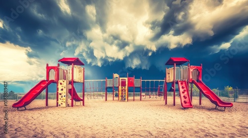 Wallpaper Mural A playground with red slides under a dramatic sky, inviting outdoor play and exploration. Torontodigital.ca