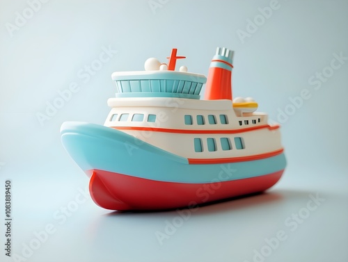 Cute cartoon cruise ship in blue and red with a solid-color background made of cartoon clay material with glossy paint gradient color and bright light source at a tilt angle