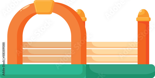 Colorful inflatable bouncy house featuring an orange arch and green base, providing fun and entertainment for children