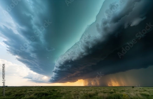 Massive storm clouds hover over grassy plain. Dramatic weather conditions. Severe thunderstorm dominates landscape. Spectacular wall cloud forms dramatic sky. Intense weather event. May 2013. Vast photo