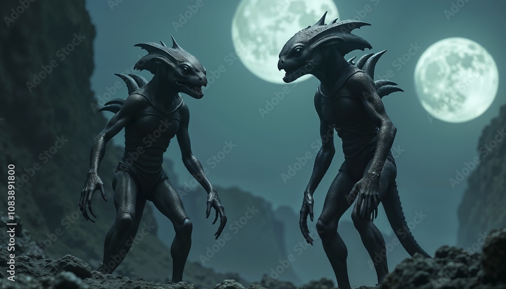 Fototapeta premium Alien beings with reptilian features standing on rocky alien terrain under twin moons, intense and mysterious mood