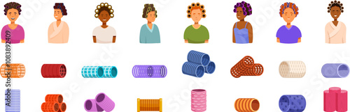Hair rollers icons set. Set of smiling women wearing hair curlers and collection of various colorful hair rollers for creating hairstyles