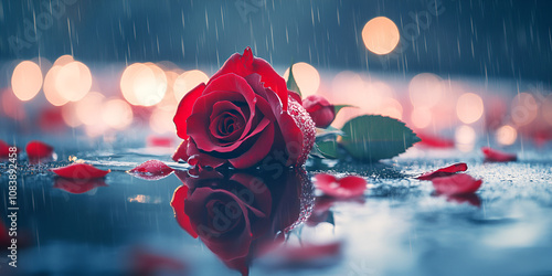 Red Rose with Reflection in Rain-Covered Water photo